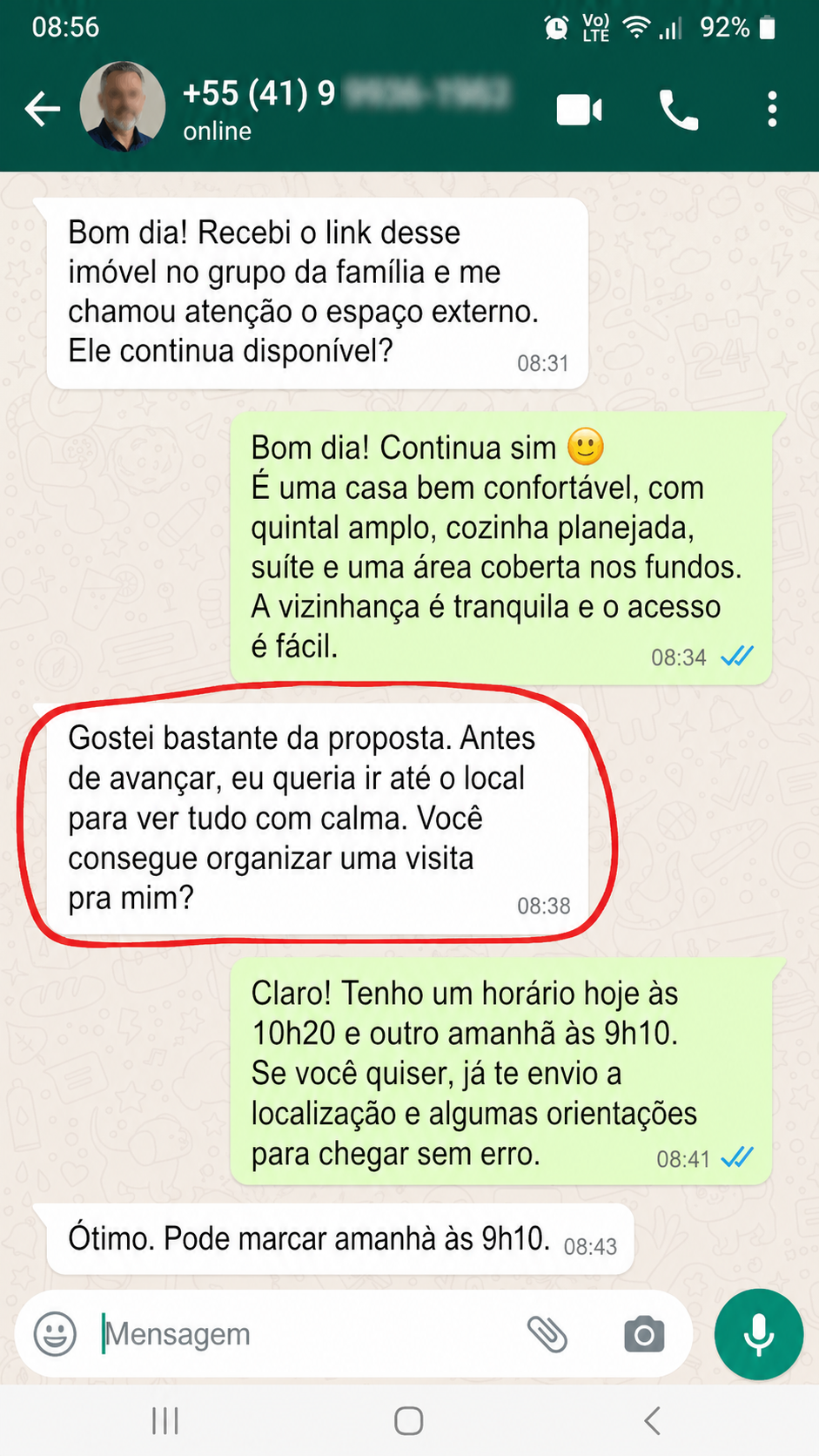 Conversa real de WhatsApp 1 — visita agendada