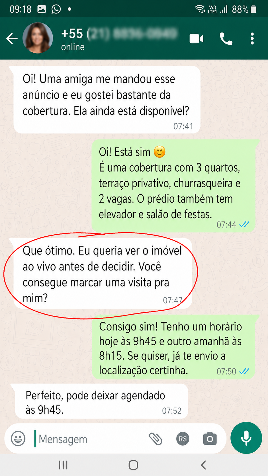 Conversa real de WhatsApp 2 — visita agendada