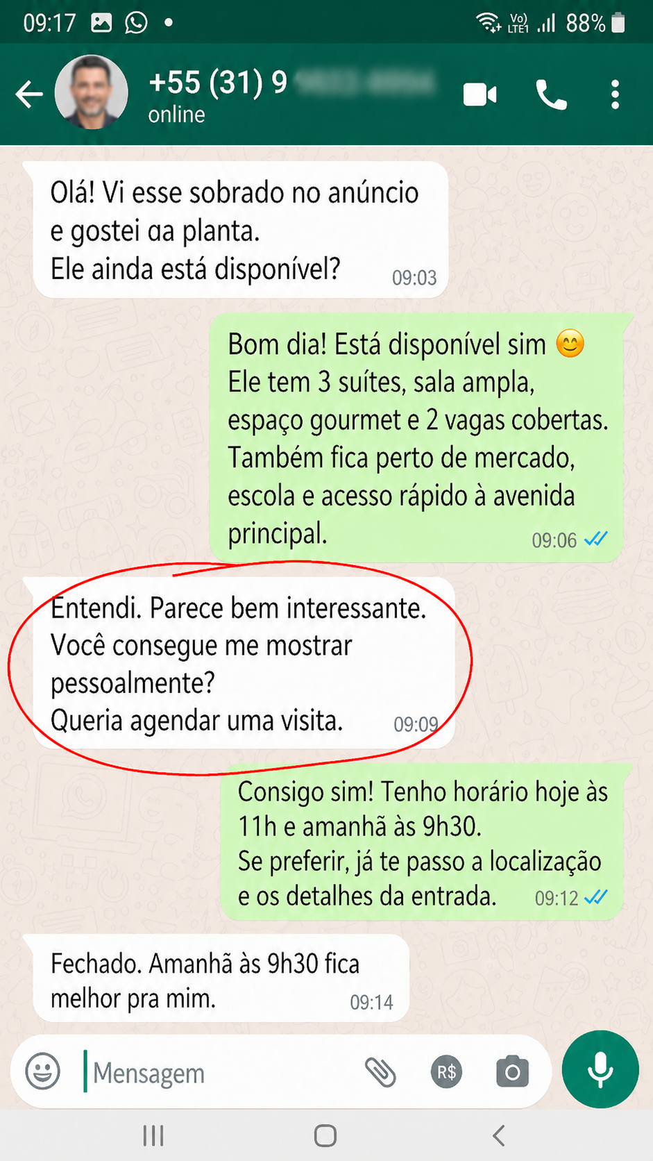 Conversa real de WhatsApp 3 — visita agendada