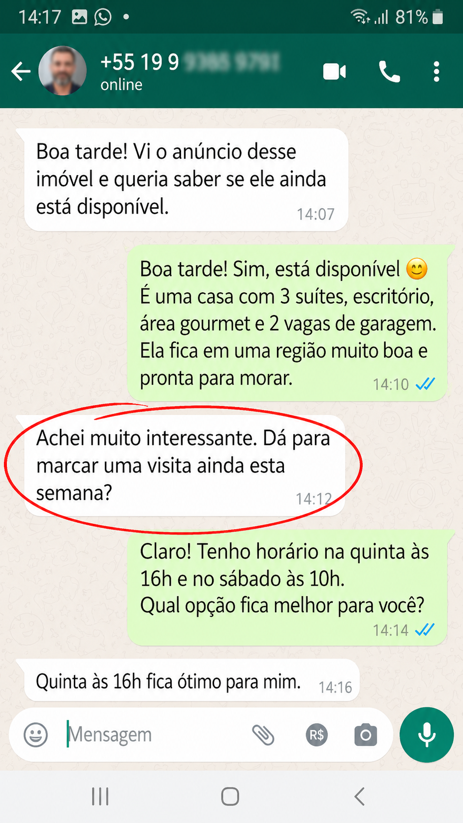 Conversa real de WhatsApp 5 — visita agendada